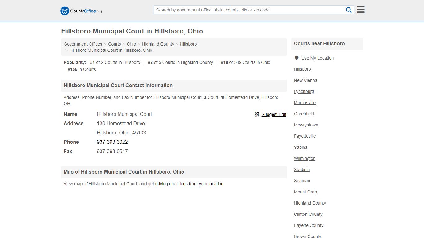 Hillsboro Municipal Court in Hillsboro, Ohio - County Office